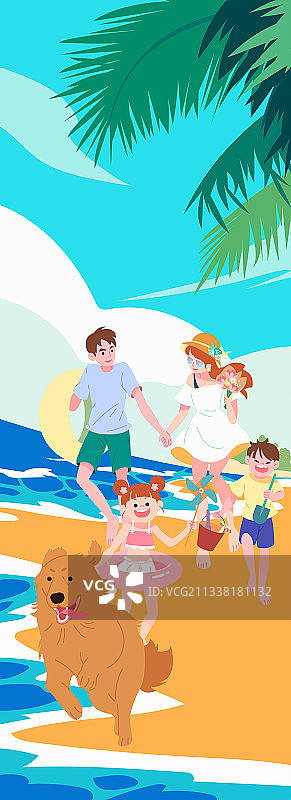 海边一家四口和狗度假竖版图片素材