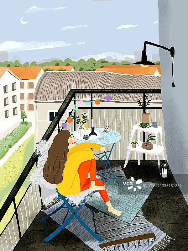插画向往的慢生活-闲散时间自己的阳台上小憩图片素材