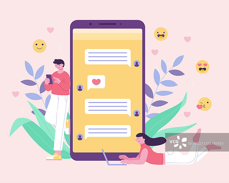 用网络短信与人聊天维系感情插画图片素材