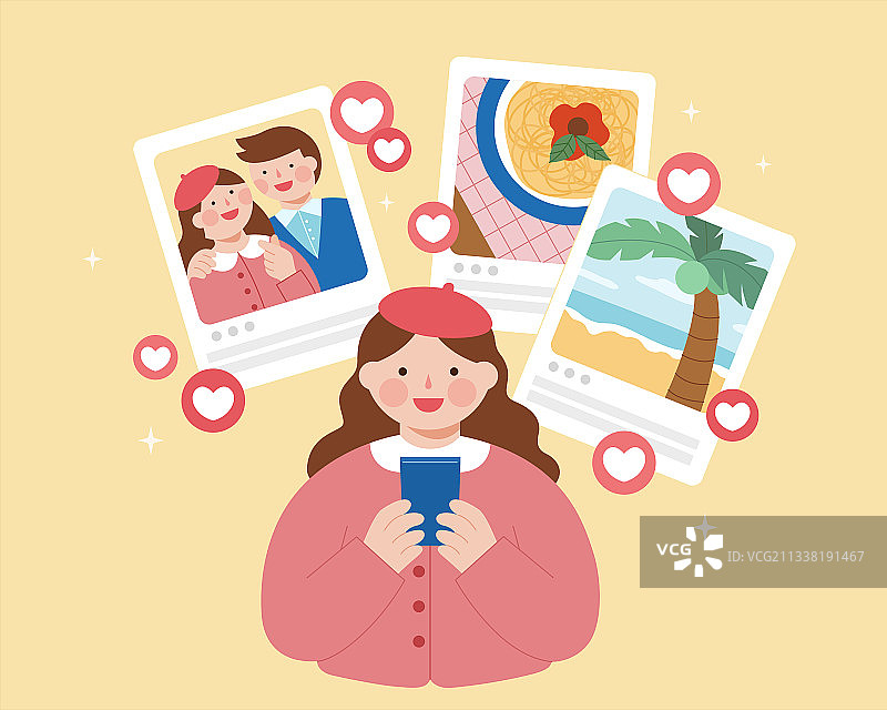 女孩使用社交媒体分享照片图片素材