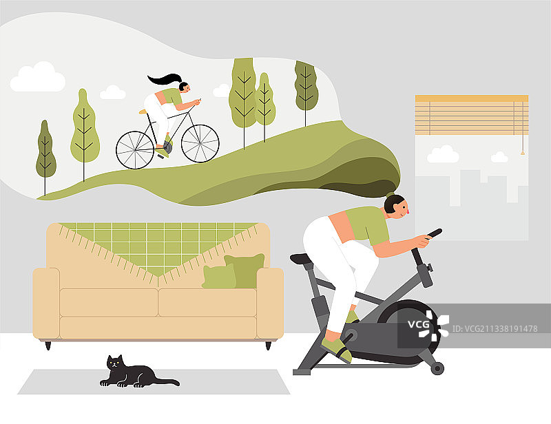 女人在家骑健身车训练上坡插画图片素材