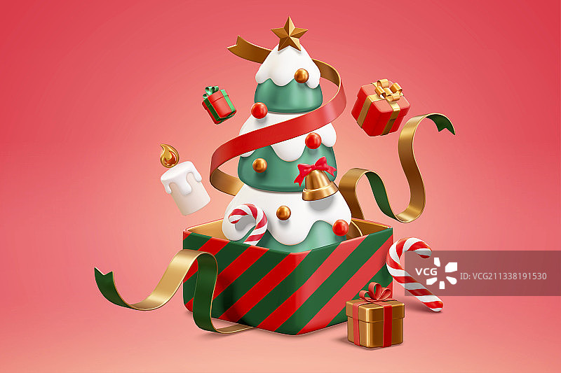 圣诞树坐在被打开的礼物盒三维元素图片素材