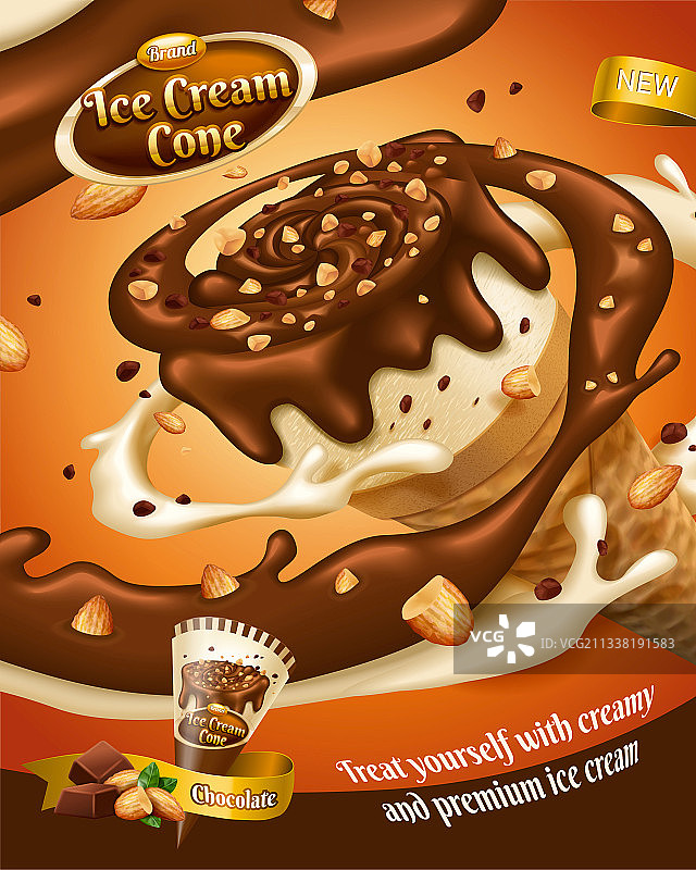 杏仁香草巧克力冰淇淋甜筒广告海报图片素材