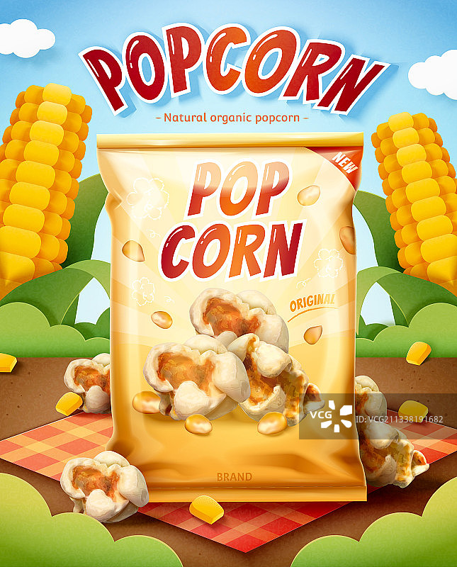 经典原味爆米花包装三维写实广告图片素材