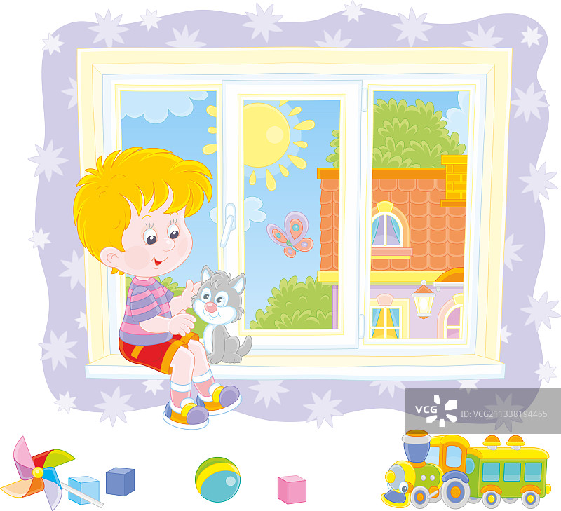 小男孩和家里的猫图片素材