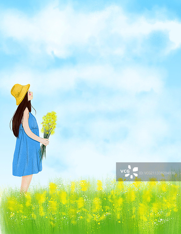 春季油菜花唯美清新自然风景插画图片素材