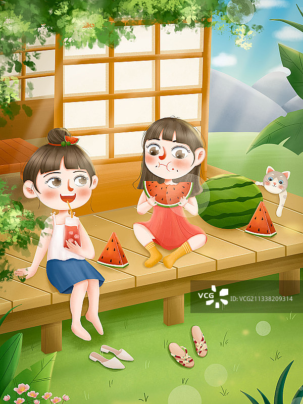 夏天吃西瓜喝果汁插画图片素材