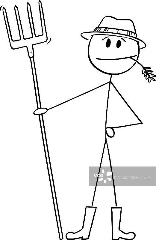 卡通农民站在田里，嘴里嚼着草图片素材