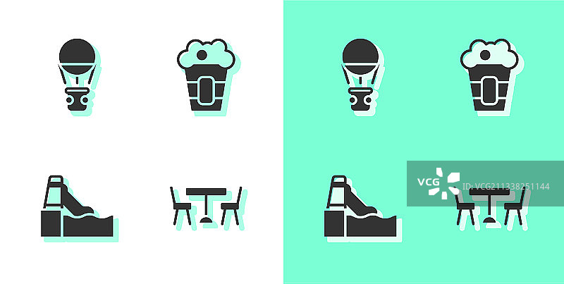 带椅子的野餐桌、热气球和水套装图片素材