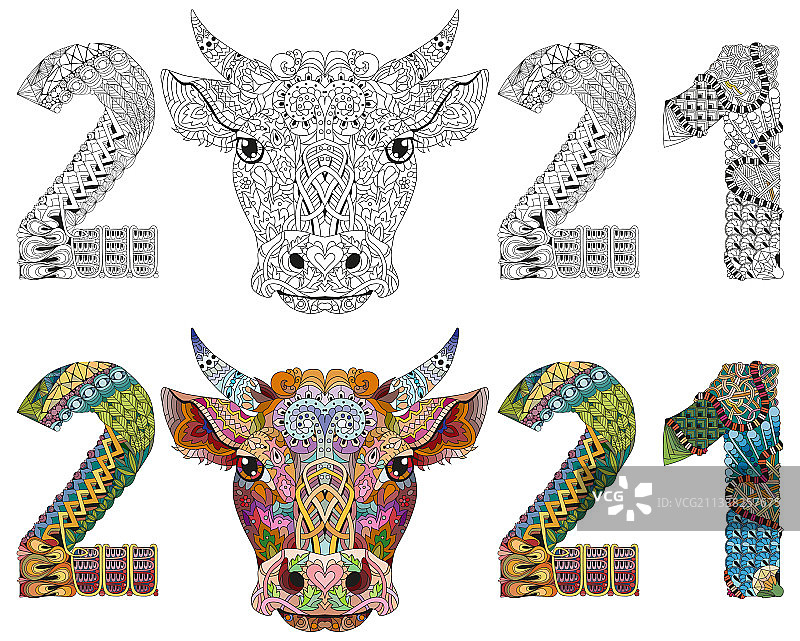 手绘禅绕画风2021公牛图案图片素材