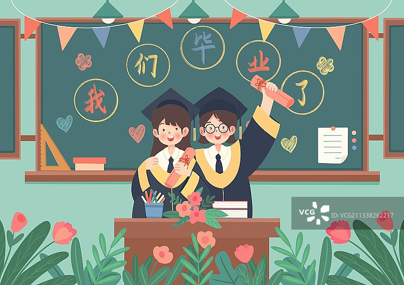 插画,人物,卡通,庆祝,海报,学生,毕业,学士服,黑板,讲台图片素材