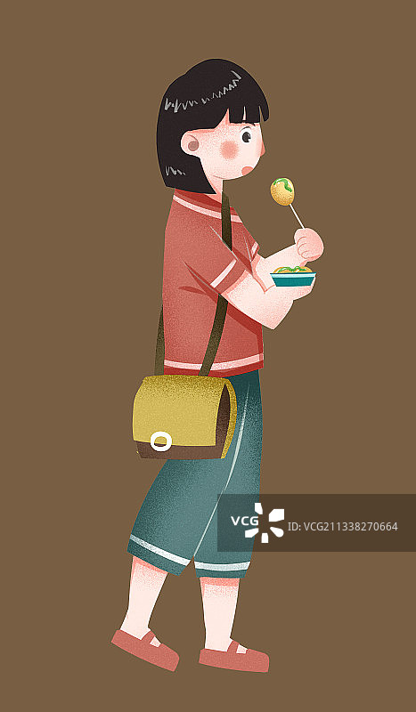 女孩吃小吃插画元素图片素材