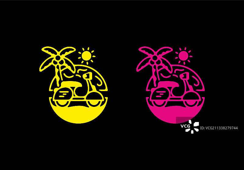 海滩上的黄色和粉色滑板车线条艺术图片素材