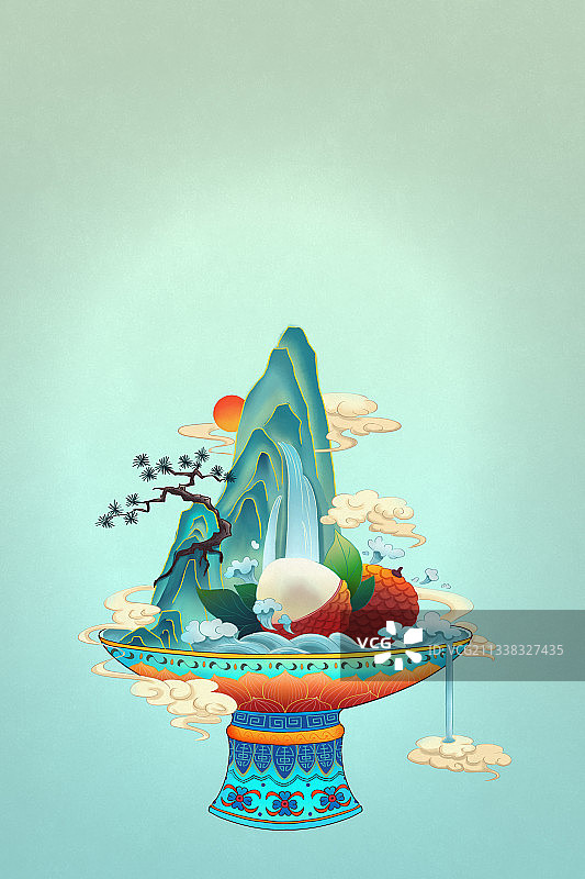 瓷器上的荔枝和微观山水图片素材