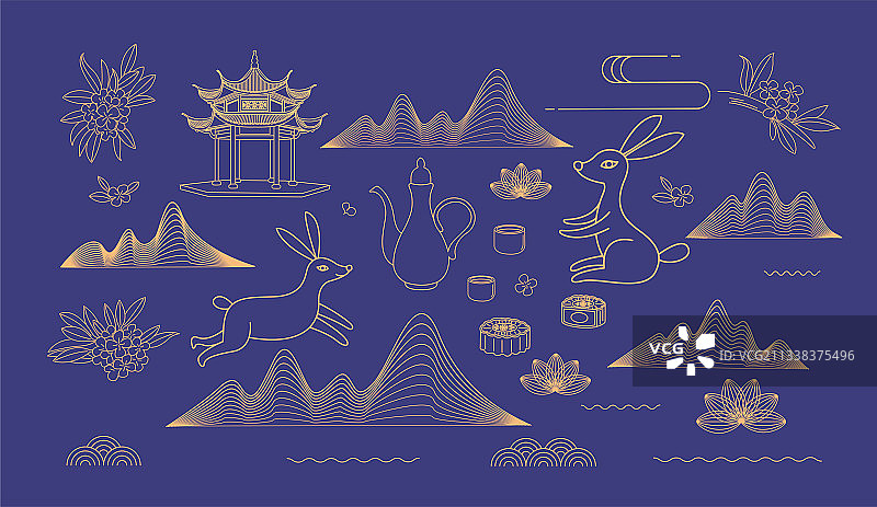 中秋节月饼兔子桂花建筑矢量插画海报图片素材