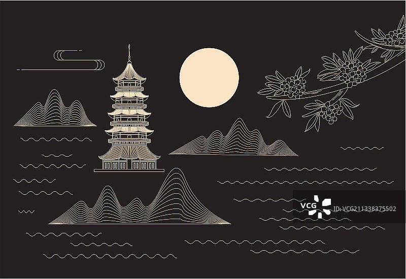 中秋节月饼兔子桂花建筑矢量插画海报图片素材