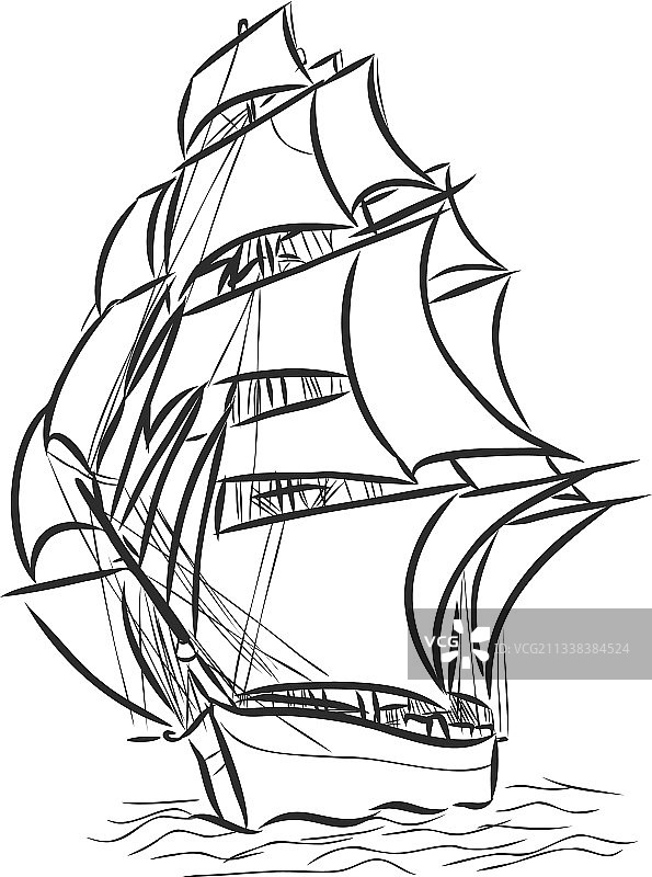 墨线海洋帆船或小船图片素材