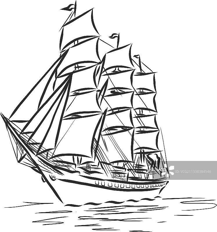 墨线海洋帆船或小船图片素材