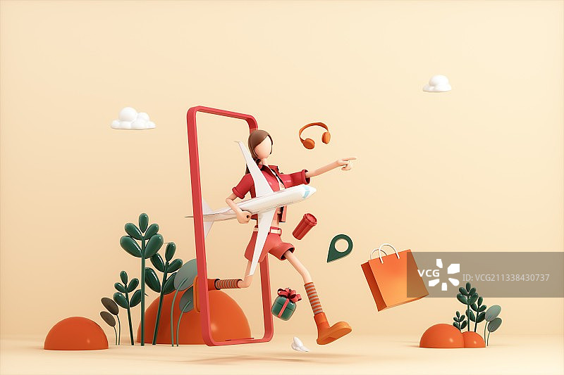 3D渲染的旅游概念的卡通女孩图片素材