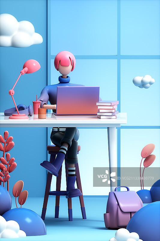 3D渲染的正在使用电脑的卡通女孩图片素材