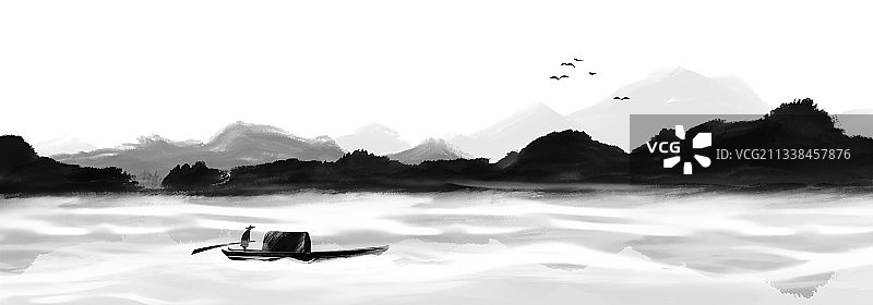 中国风插画黑白古代高雅风景图片素材