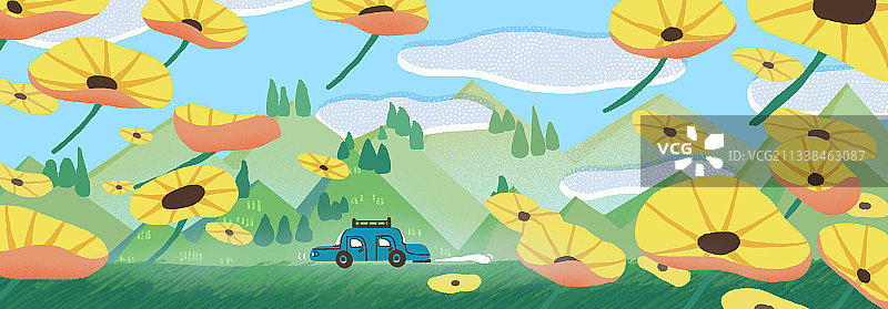 暑假假期旅行出游看见漫天黄花banner插画图片素材