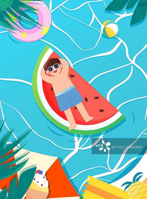 男孩躺在西瓜上夏日泳池矢量插画海报背景图片素材