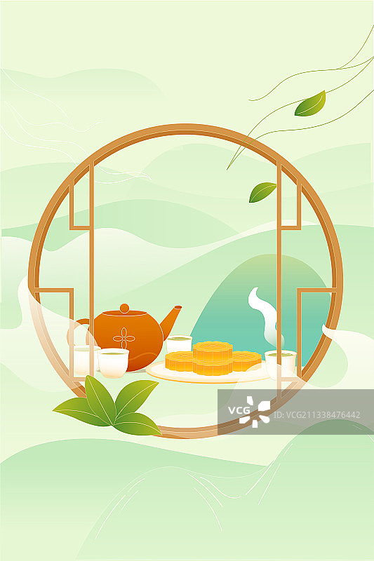 国潮风茶叶、月饼山脉庆祝中秋节矢量插画图片素材