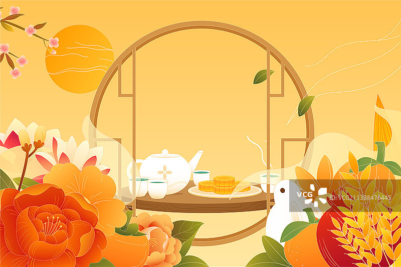 中秋节国风花朵月饼兔子矢量插画海报横图背景图片素材