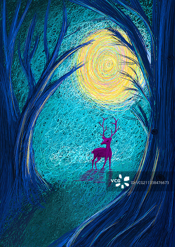 唯美月光森林创意插画图片素材