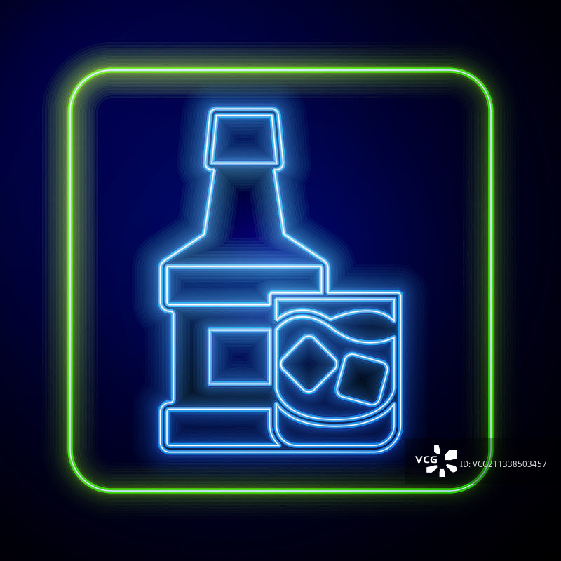 发光霓虹威士忌酒瓶和玻璃杯图标图片素材