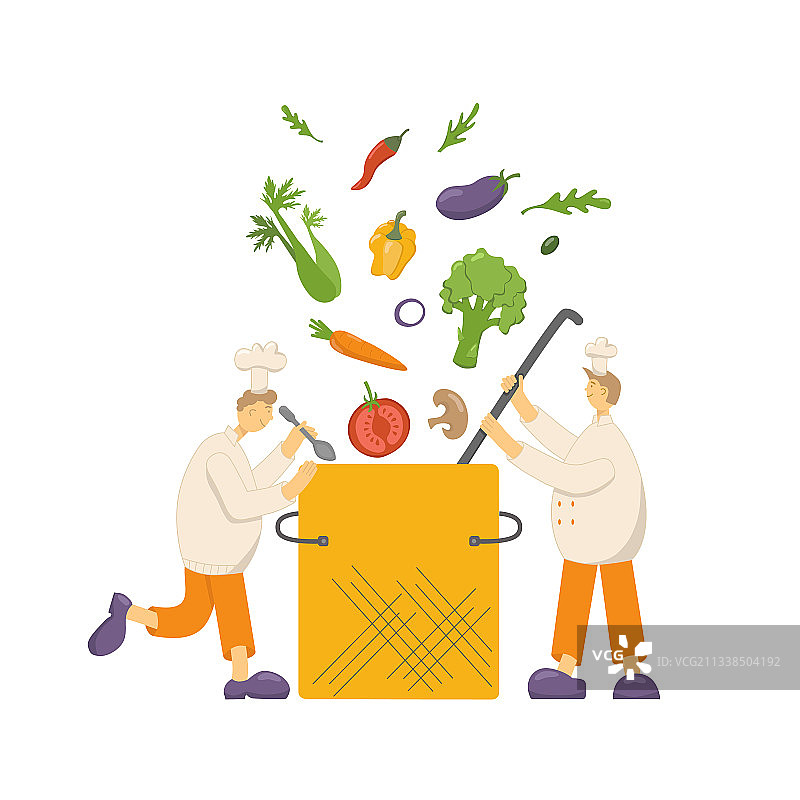 厨师制作蔬菜汤，戴厨师帽和穿制服图片素材