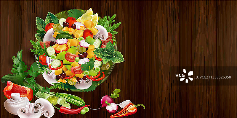 木桌香菇蔬菜沙拉图片素材