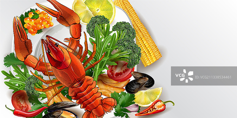 龙虾、贻贝和蔬菜红鱼子酱图片素材