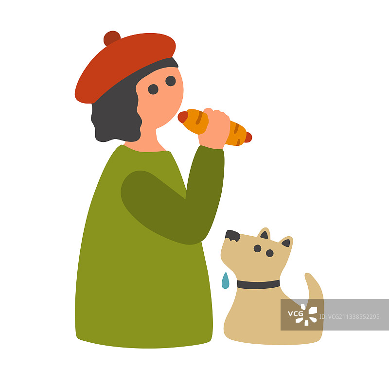 在户外用餐的法式风格年轻女性和宠物图片素材