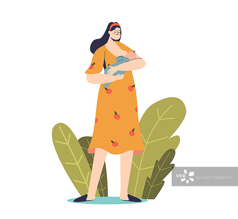 卡通风格的女人给新生婴儿哺乳图片素材
