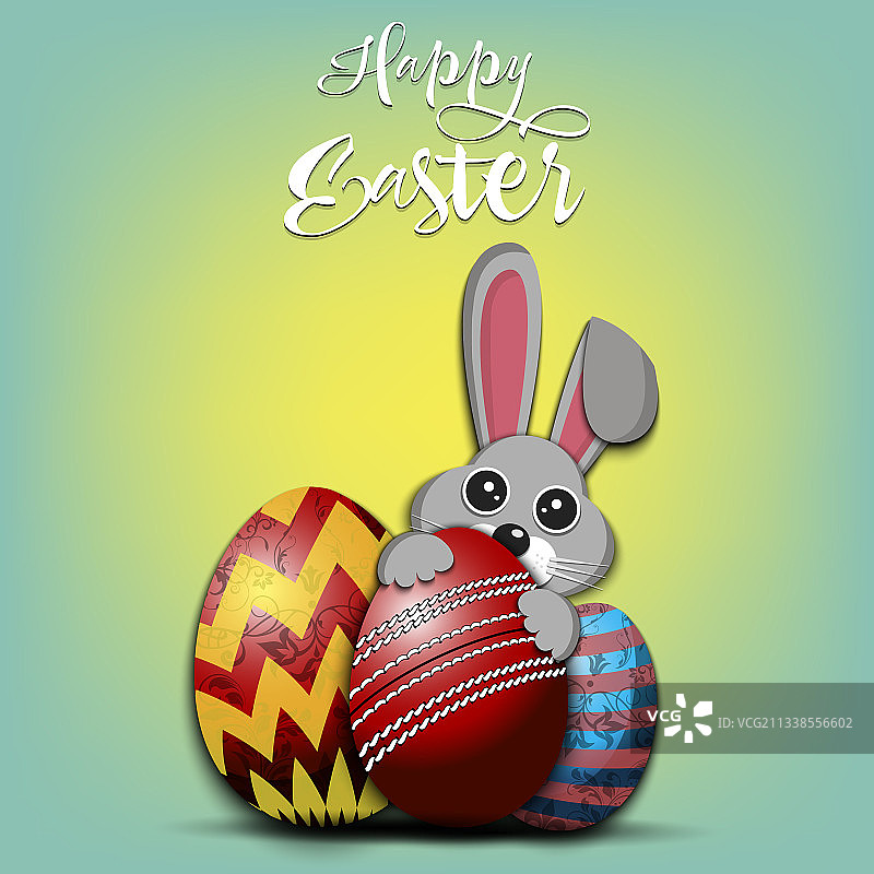 复活节快乐兔子与彩蛋形板球图片素材