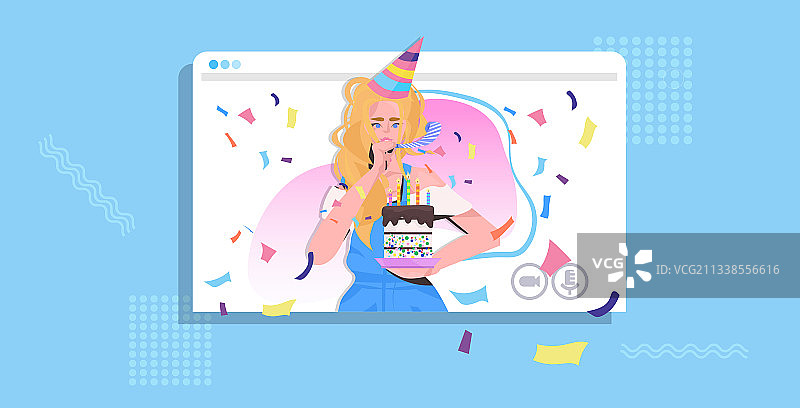 戴着节日帽子的女人正在庆祝在线派对女孩图片素材