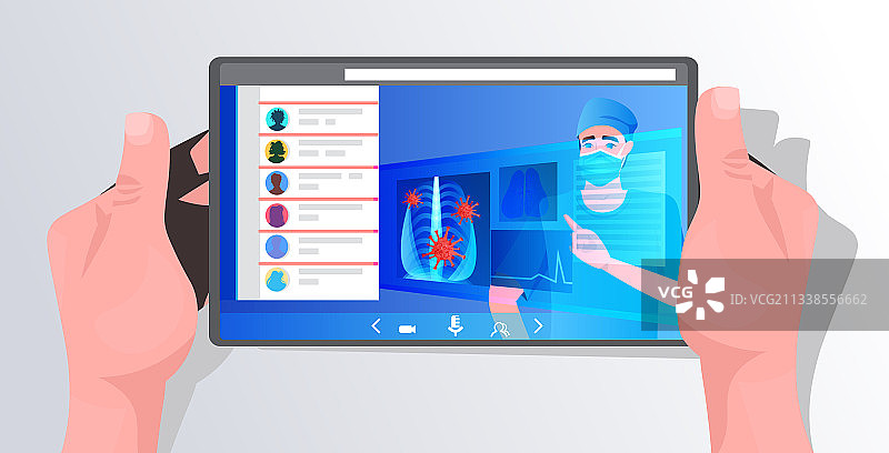 汉斯使用平板电脑，戴口罩的医生正在检查X光片图片素材