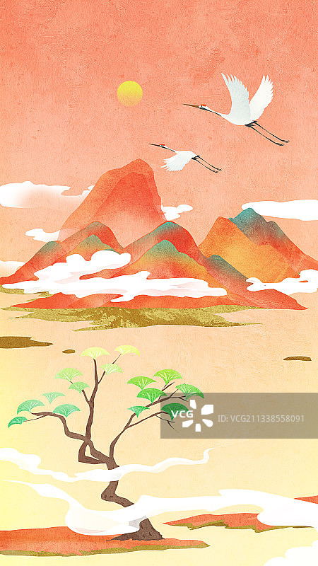 国风水墨风景插画竖版图片素材