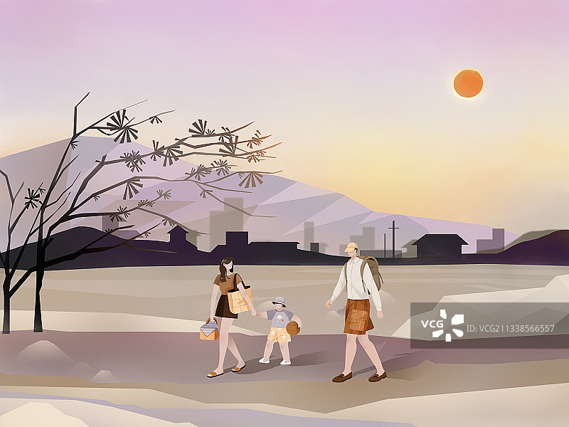 夏日黄昏日落家庭度假插画图片素材