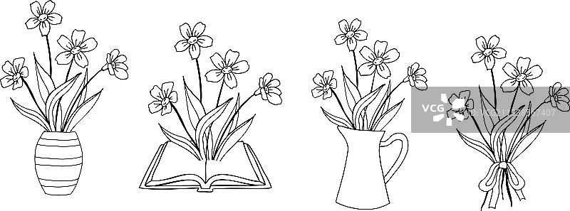 手绘花瓶鲜花组合图片素材