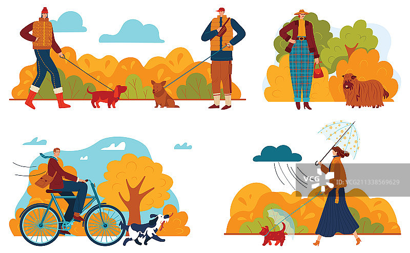 秋季公园：人、狗、落叶与树图片素材