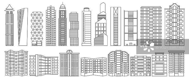 高层建筑独立轮廓图标集图片素材