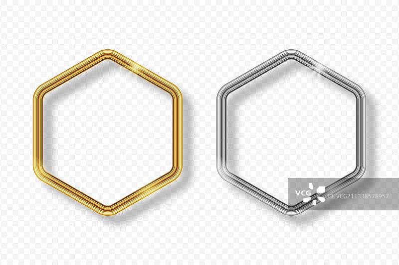 透明背景上的金色和银色六边形框架图片素材