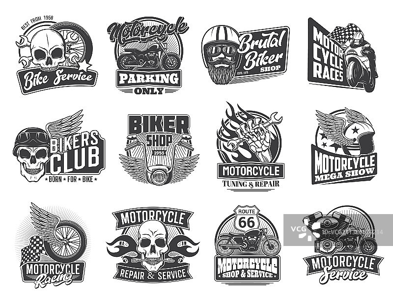 骑行者和摩托车比赛图标，骷髅和翅膀图片素材