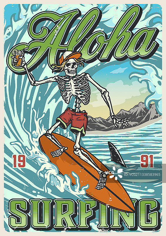 夏威夷冲浪复古彩色海报图片素材