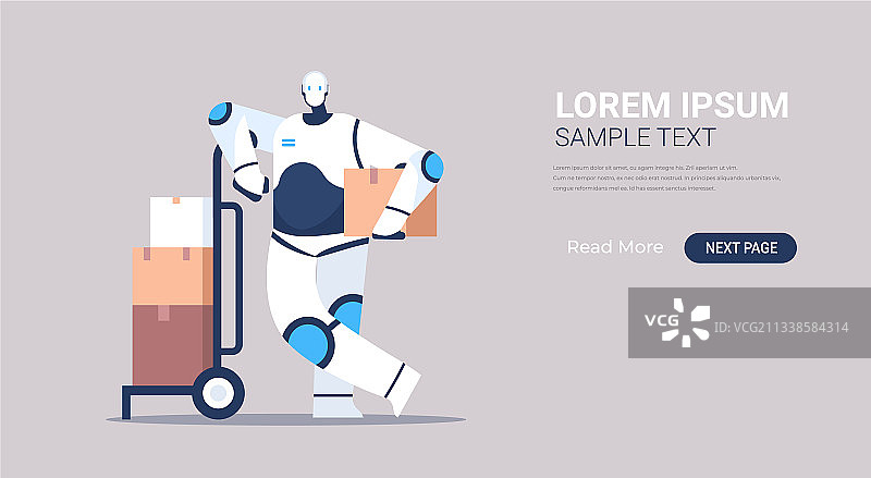 现代机器人快递员与纸板包裹图片素材
