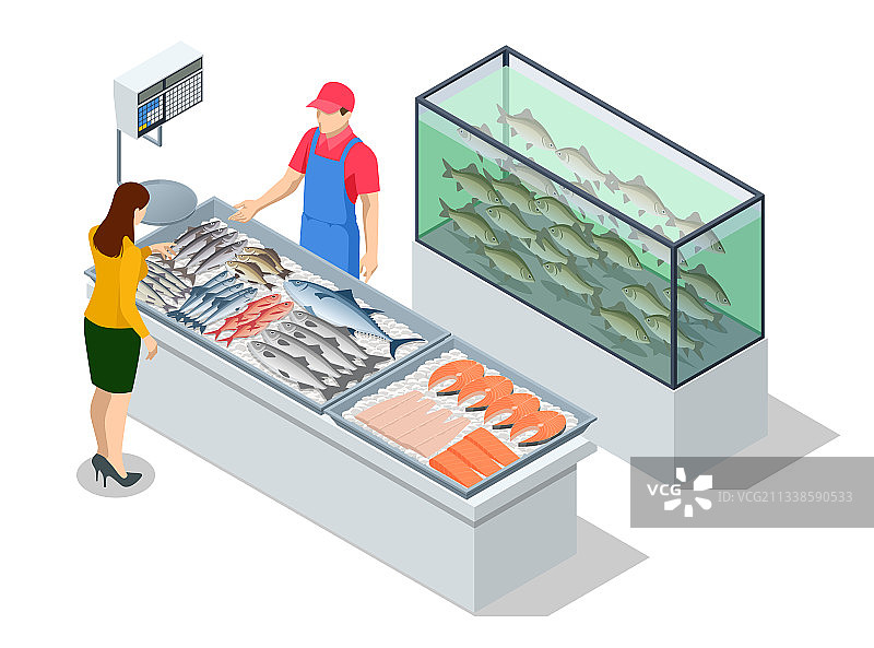 2.5D新鲜鱼类和海鲜市场促销图片素材