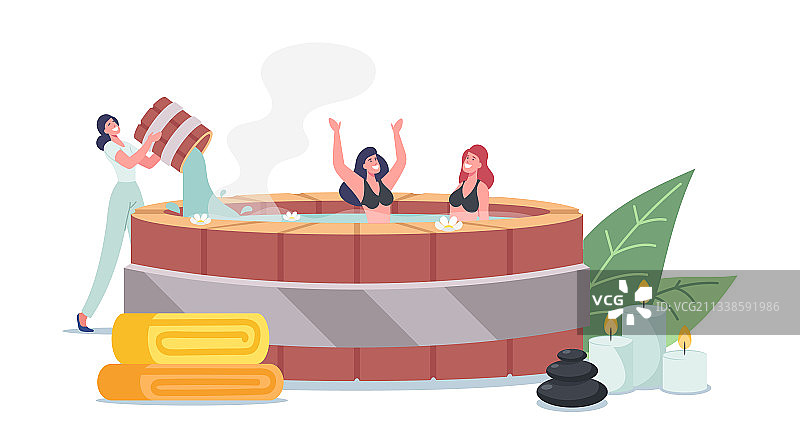 女人高兴地往温泉浴池里倒水图片素材